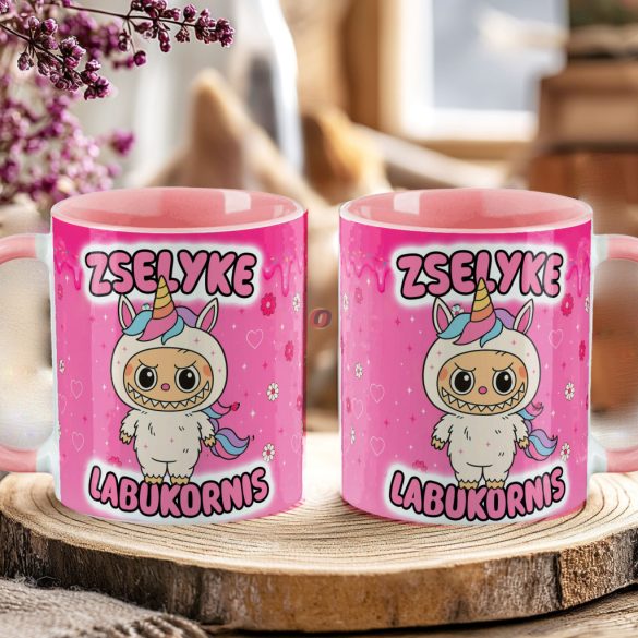 Egyedi neves Labubu "Labukornis"bögre személyre szabható rózsaszín