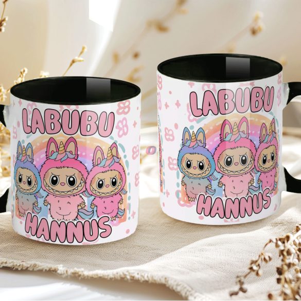 Egyedi neves "LABUBU Friends" bögre személyre szabható fekete