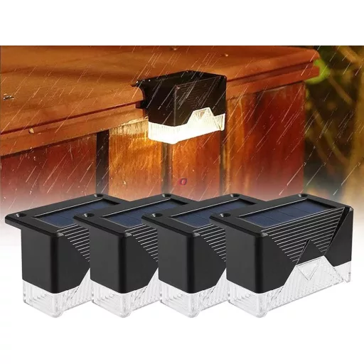 4 db-os szolár lámpa szett lépcsőre, kerítésre, szegélyre, fekete, melegfehér