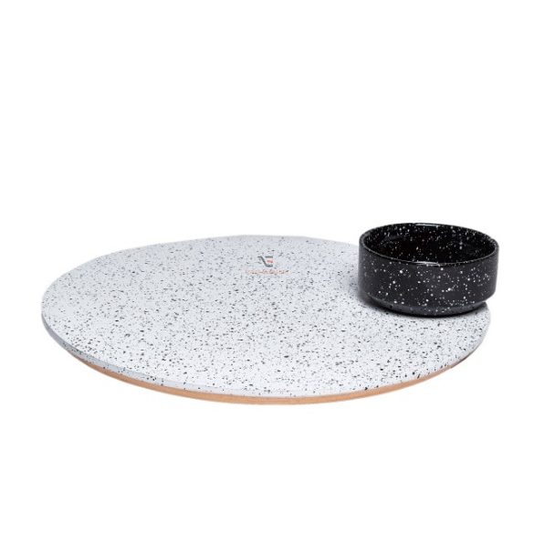 Forgó tányér tállal, Eclipse, kerámia-fa, 40x40x9 fekete, fehér