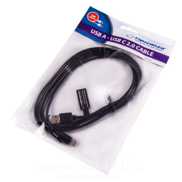 Esperanza USB A USB Type-C kábel 2M fekete USB type C töltő EB227K