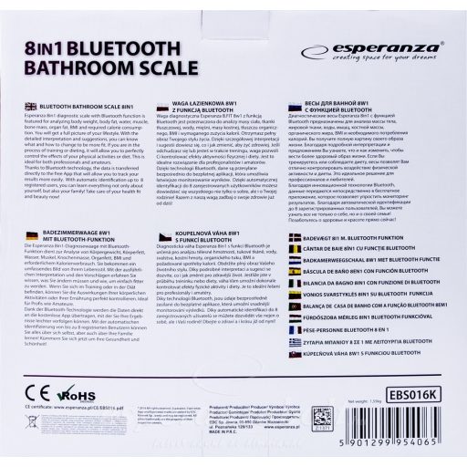 Esperanza B.FIT 8in1 fürdőszobai Okos Mérleg Bluetooth fekete EBS016K