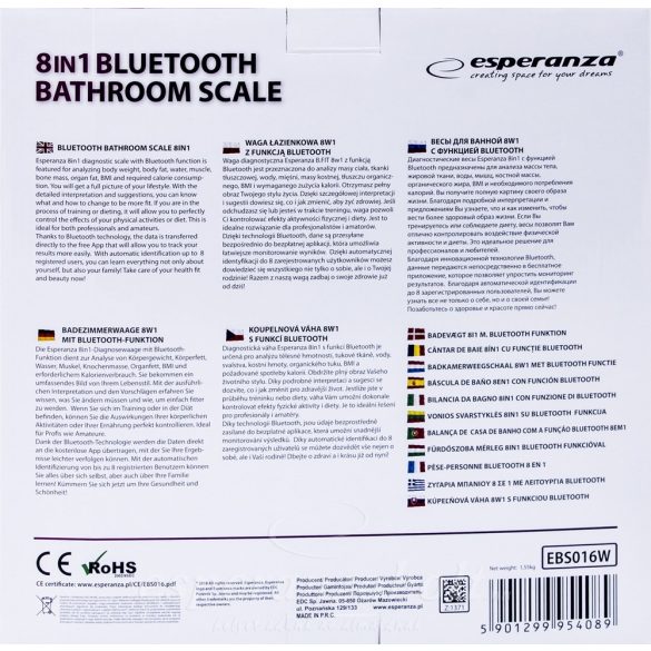 Esperanza B.FIT 8in1 fürdőszobai Okos Mérleg Bluetooth fehér EBS016W