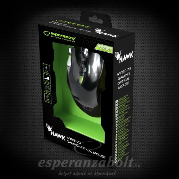 Esperanza MX401 HAWK Fekete-zöld Gamer Egér 7D optikai