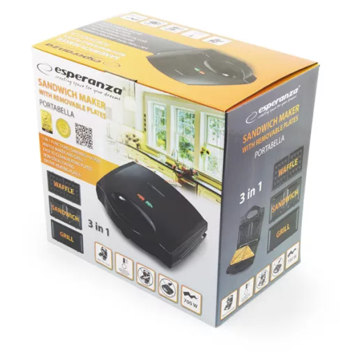 Esperanza Portabella 3in1 Szendvicssütő Gofrisütő Grillsütő 700W fekete EKT006K