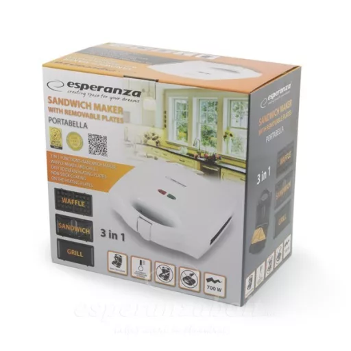 Esperanza Portabella Szendvicssütő Gofrisütő Grillsütő 700W 3 In 1 (3 Cserélhető betét) EKT006W