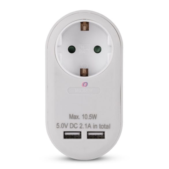 Entac Hálózati Adapter 1 Földelt Aljzat és 2 USB (össz. 2.1A) Fehér