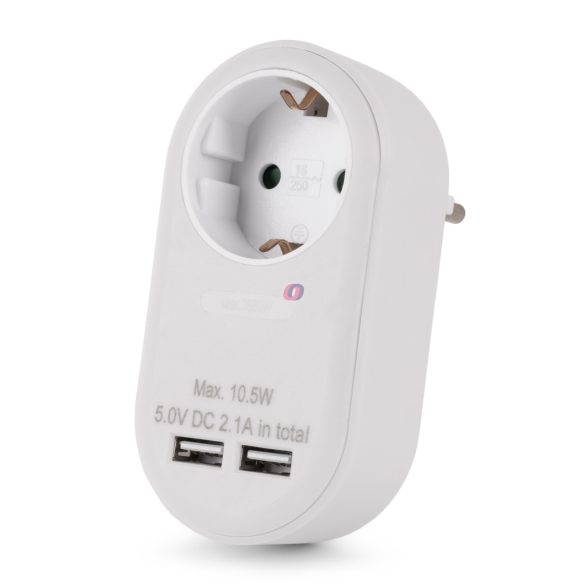 Entac Hálózati Adapter 1 Földelt Aljzat és 2 USB (össz. 2.1A) Fehér