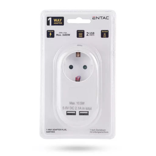 Entac Hálózati Adapter 1 Földelt Aljzat és 2 USB (össz. 2.1A) Fehér