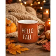   Kézműves őszi mintás bögre barna "Hello Fall" felirattal 4,5 dl