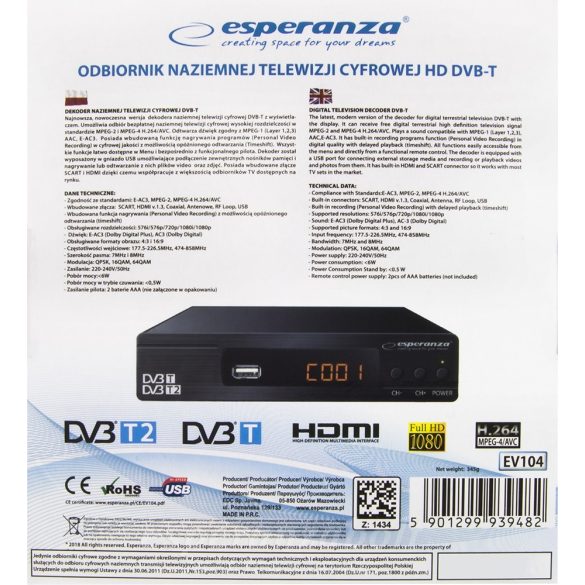 Esperanza beltéri egység set top box tuner DVB-T/T2 EV104