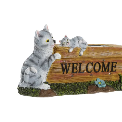 XL Napelemes Macskás dísz "Welcome" táblával kerámia 32 cm barna