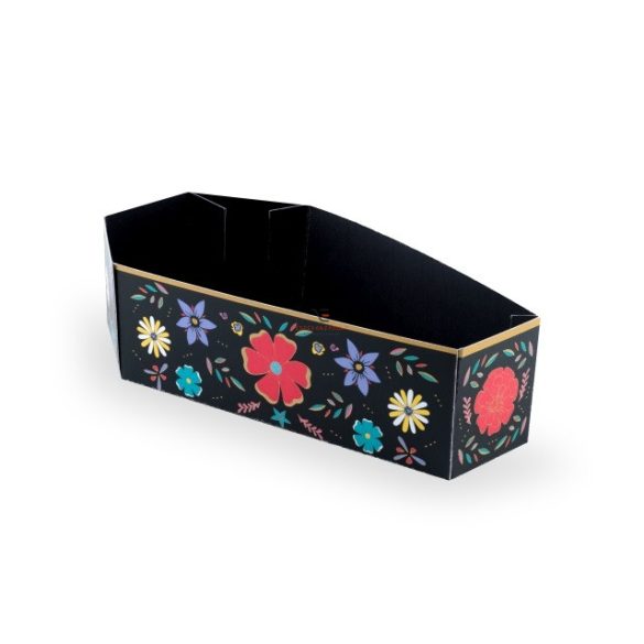 Tároló doboz koporsó formájú virág mintás papír 8x15x4 cm fekete 6 db/szett őszi dekoráció