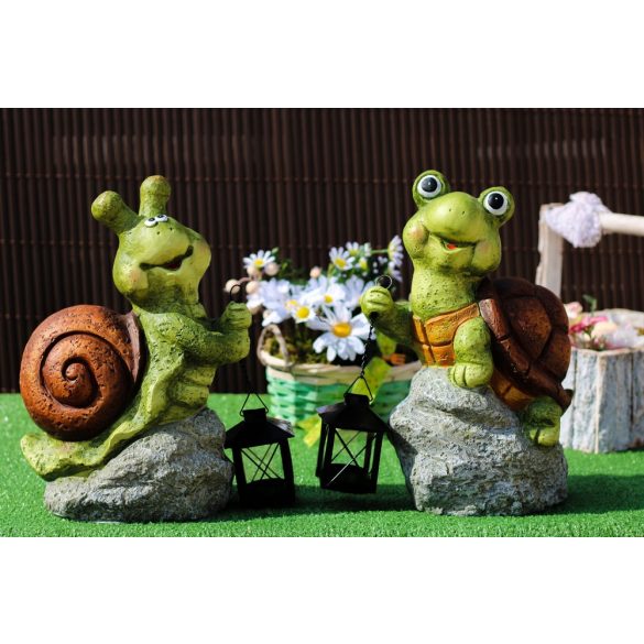 Kerti figura csiga, teknős kövön Lámpással 33cm DECOnline