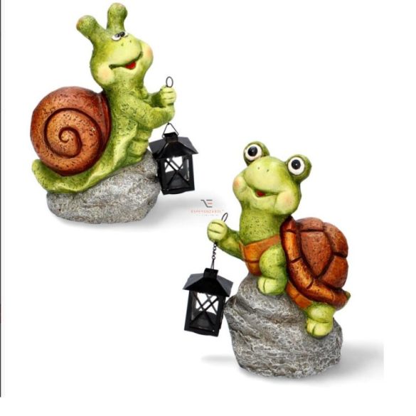Kerti figura csiga, teknős kövön Lámpással 33cm DECOnline