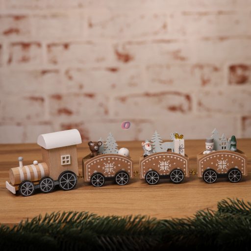 Prémium karácsonyi vonat szett fa 31 cm natúr színek 100% fenntartható 2 féle