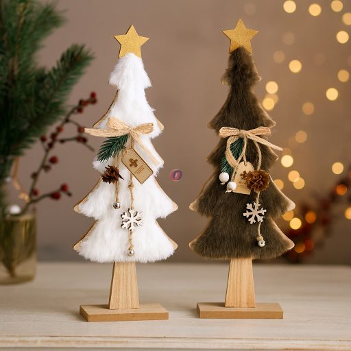 Karácsonyi fenyőfa műszőrme díszítéssel – 37 cm, 2 színben