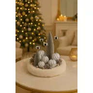   Kézműves Adventi koszorú fehér, ezüst 30 cm,  mécsesekkel, gyertyatartóval