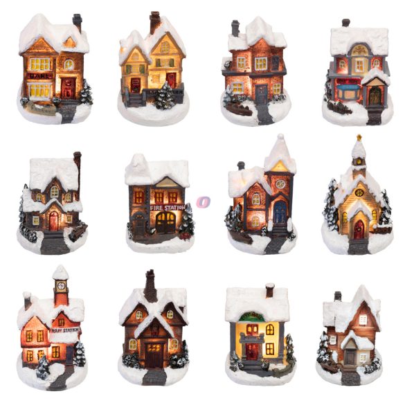 Téli falu házikó LED világítással, színes, kézzel festett 10 cm Mix kivitelben