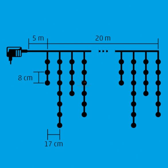 20m Kültéri LED-es jégcsap fényfüggöny 600 LED, melegfehér 8 program KKF 608/WW