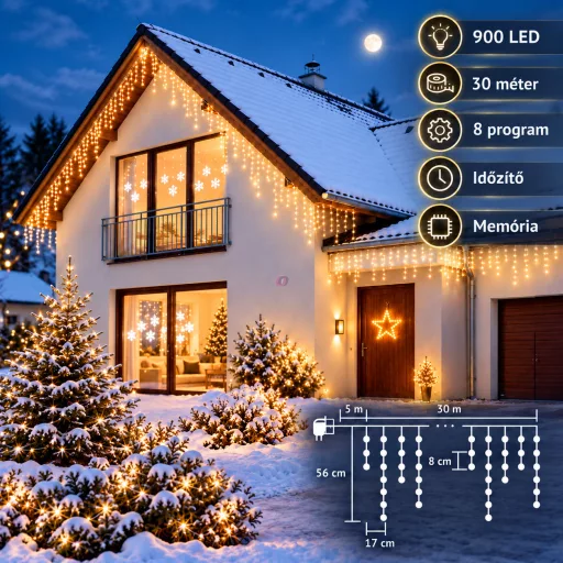 30m Kültéri LED-es jégcsap fényfüggöny 900 LED, melegfehér 8 program KKF 908/WW