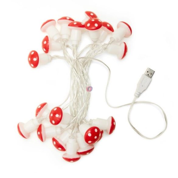 Fényfűzér, 20db gomba formájú izzóval, USB, 300 cm hosszú