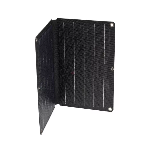 Hordozható napelemes USB töltő, összecsukható, 10 W, 2× USB-A, LED töltésjelző, karabinerekkel