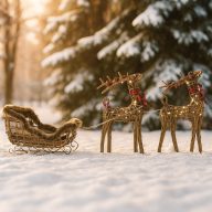   XL 3 részes luxury Rénszarvas figura szánnal 30X60X34 cm, rattan, fém