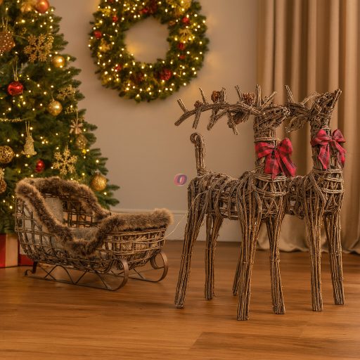 XL 3 részes luxury Rénszarvas figura szánnal 30X60X34 cm, rattan, fém