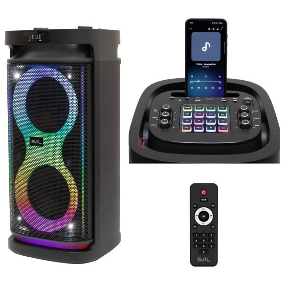 80W Party hangdoboz, beépített akkumulátor és LED fény, Bluetooth, USB/microSD zenelejátszás, gitár és mikrofon bemenetek, 2-utas, 3 hangszóró SAL PAR2100BT 