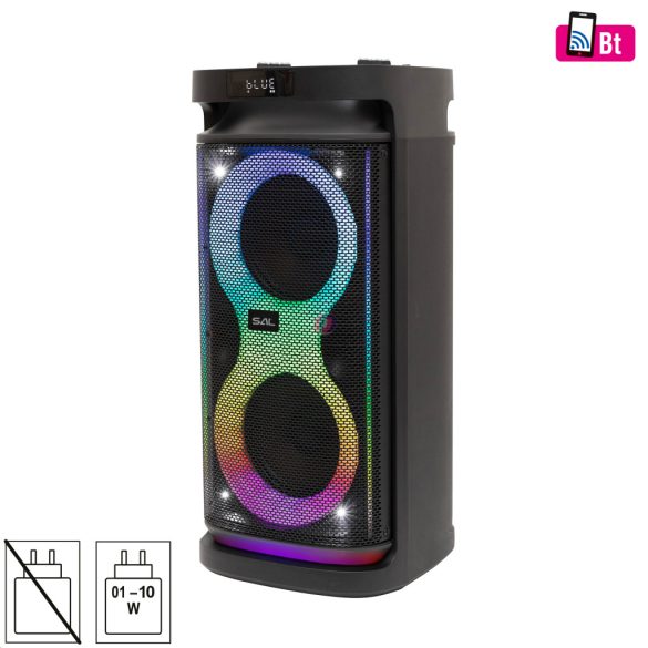 80W Party hangdoboz, beépített akkumulátor és LED fény, Bluetooth, USB/microSD zenelejátszás, gitár és mikrofon bemenetek, 2-utas, 3 hangszóró SAL PAR2100BT 