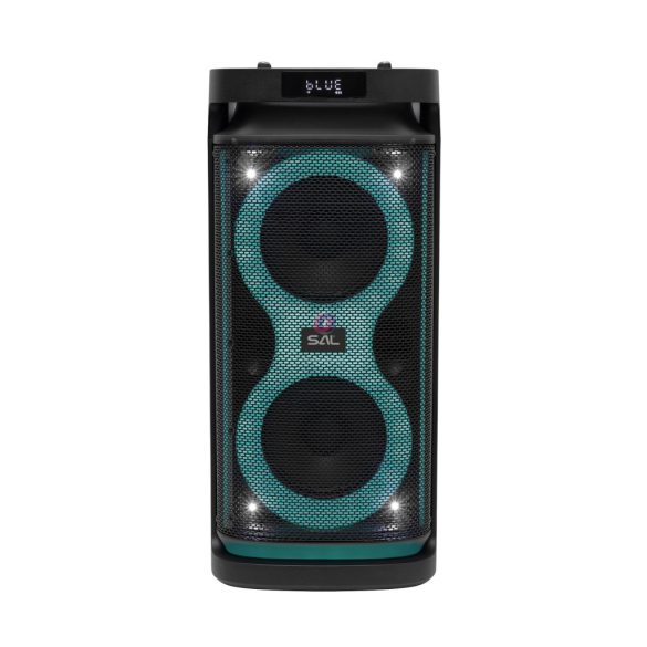 80W Party hangdoboz, beépített akkumulátor és LED fény, Bluetooth, USB/microSD zenelejátszás, gitár és mikrofon bemenetek, 2-utas, 3 hangszóró SAL PAR2100BT 