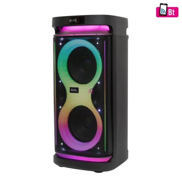 160W Party hangdoboz, beépített akkumulátor és LED fény, Bluetooth, USB/microSD zenelejátszás, gitár és mikrofon bemenetek, 2-utas, 3 hangszóró SAL PAR2400BT 