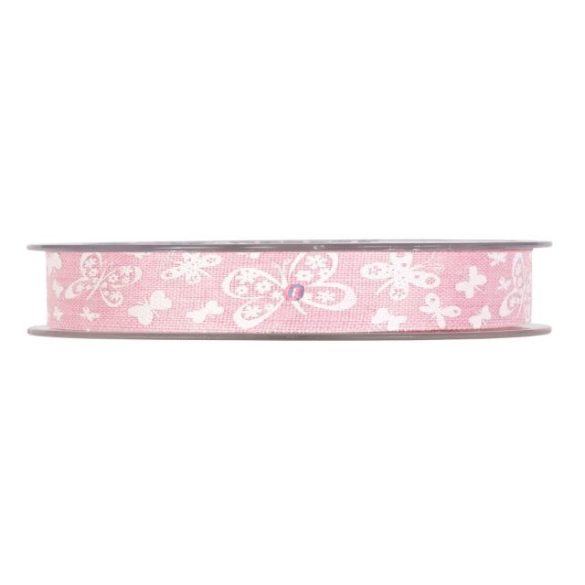 Szalag pillangó mintával textil 15 mm x 20 m rózsaszín, fehér