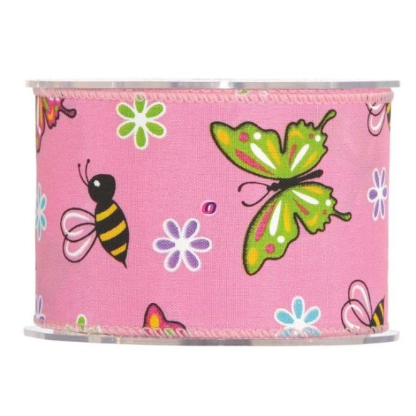 Szalag pillangós, méhecskés textil 63mmx10m pink