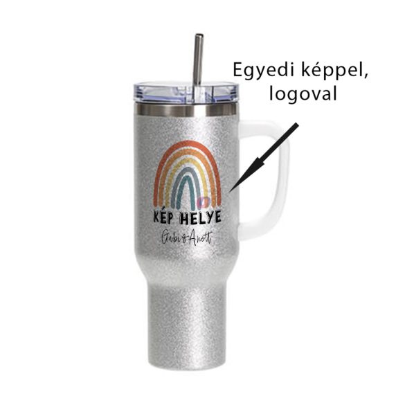 Egyedi fényképes / logózott utazó termosz bögre, egyedi grafikával 1200 ml ezüst