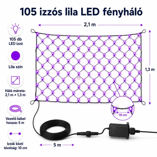 Őszi fényháló, lila, 2,1x1,3 m  kültéri, hálózati, 105 LED, 8 funkció