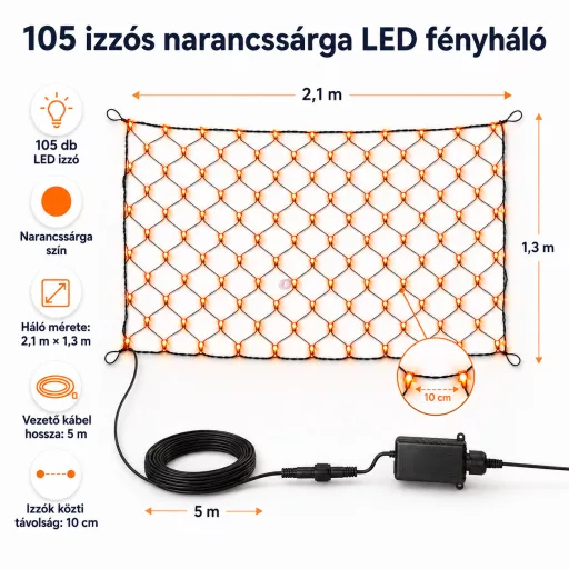 Őszi fényháló, narancssárga, 2,1x1,3 m  kültéri, hálózati, 105 LED, 8 funkció