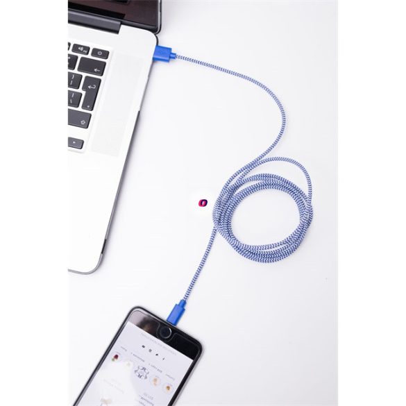 Kék-fehér textil borítású Apple kábel