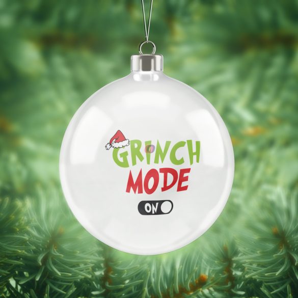 Fehér műanyag karácsonyfa gömb grinch mode on felirattal 10 cm