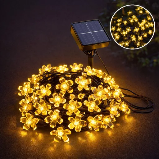 Napelemes fényfüzér cseresznyefa virág 50 LED szolár égősor melegfehér Sakura