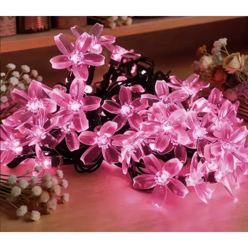 Napelemes fényfüzér cseresznyefa virág 50 LED szolár égősor rózsaszín Sakura