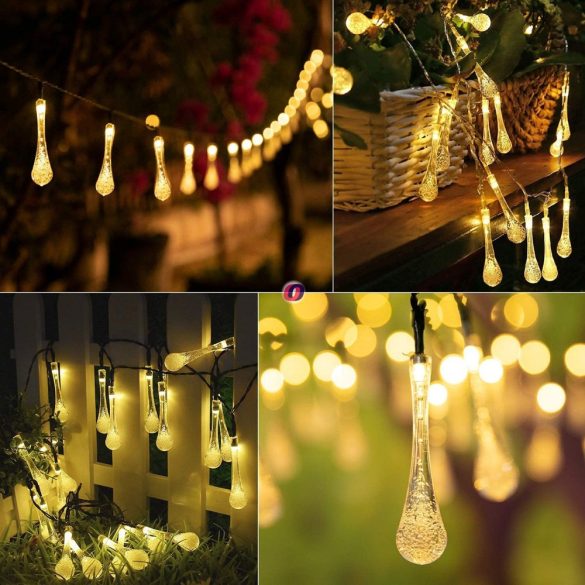 Napelemes fényfüzér 6m 30 LED Raindrop melegfehér