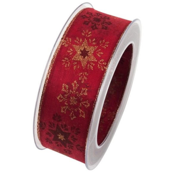 Karácsonyi mintás Szalag hópihével textil 40mmx10m piros