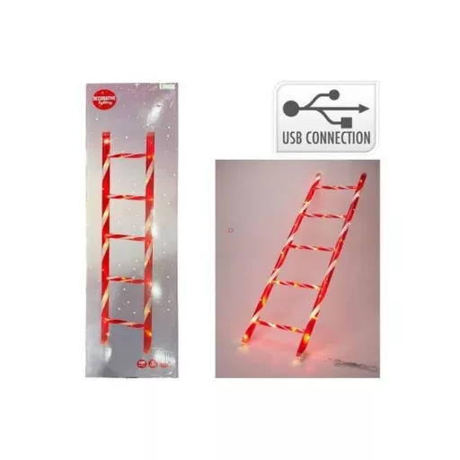 110 cm LED-es Dekor Létra – Piros-fehér csíkos, 50 melegfehér LED-del