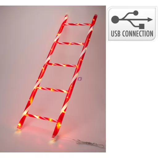 110 cm LED-es Dekor Létra – Piros-fehér csíkos, 50 melegfehér LED-del