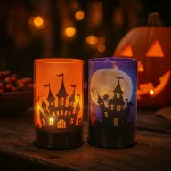   Halloween Lámpás - Meleg Fehér LED-ekkel 10 cm üveg,  2féle választható