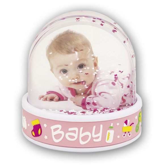 Egyedi fényképes baba hógömb lányos színben 10 cm