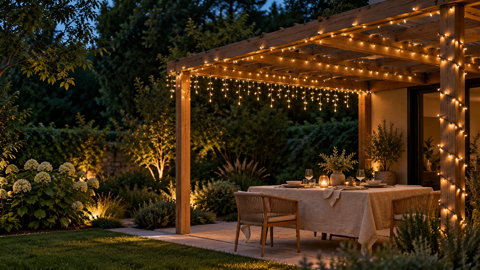 Nyáresti pergola apró melegfehér fényfüzérekkel, terített asztallal és zöld kerttel – hangulati illusztráció.