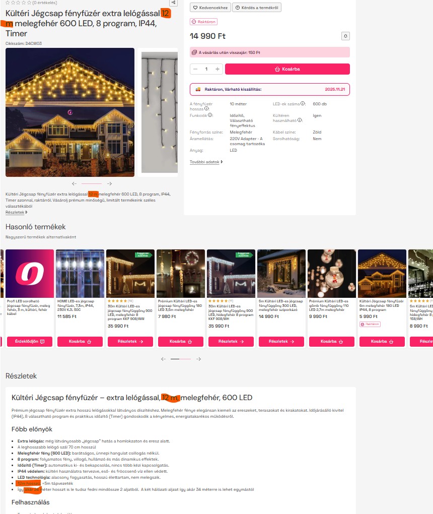 Kültéri Jégcsap fényfüzér extra lelógással 10 m melegfehér 600 LED, 8 program,  IP44, fekete kábel